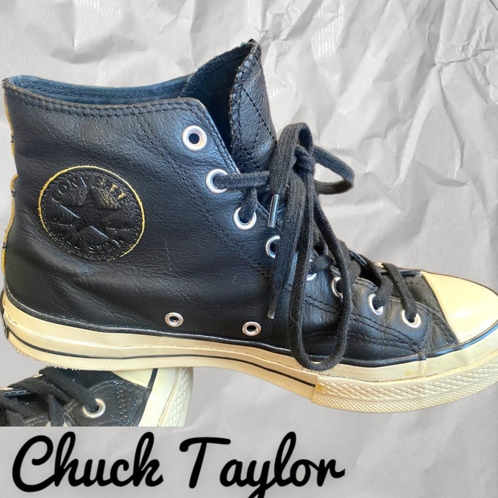 CHUCK TAYLOR CONVERSE ALL STAR BLACK LEATHER HIGH TOPS (W10/M8) - Picture 7 of 7